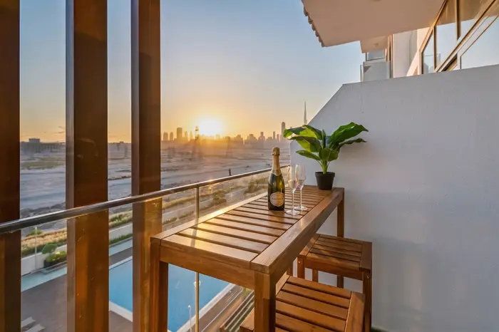 Balcony with champagne sunset view