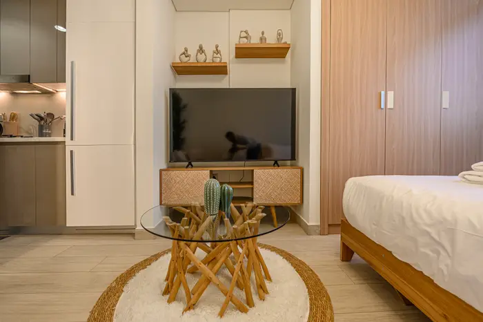 TV and kitchen area