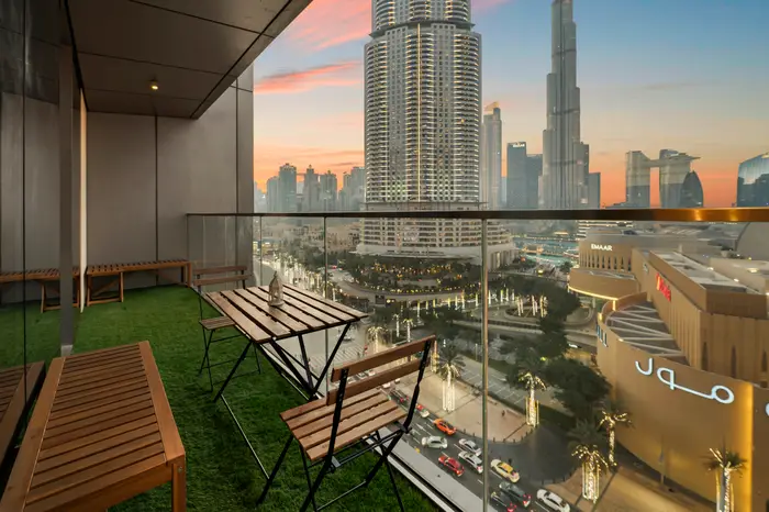 Balcony seating overlooking Dubai Mall